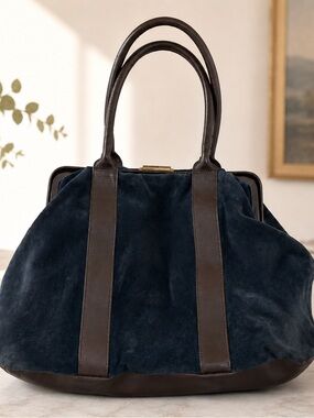 Boden Large Navy Suede Leather Shoulder Bag Brown Leather Frame Tote